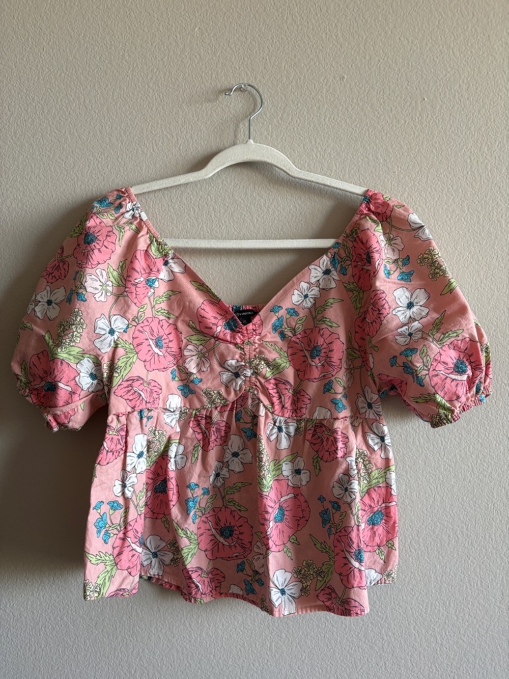 Versona Pink Floral Puff Sleeve Peplum Top Blouse V-Neck Lightweight Size XL